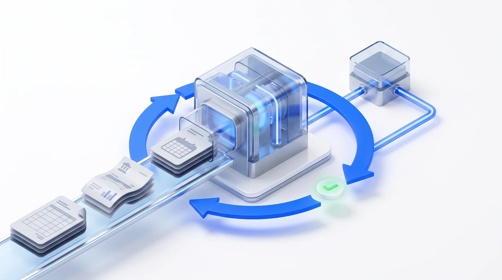 Control loop diagram: source documents â€” general ledger, bank statements, schedules â€” flow into the finance engine, which runs a continuous feedback loop against an independent recompute and re-verifies each result with a green check before it counts.