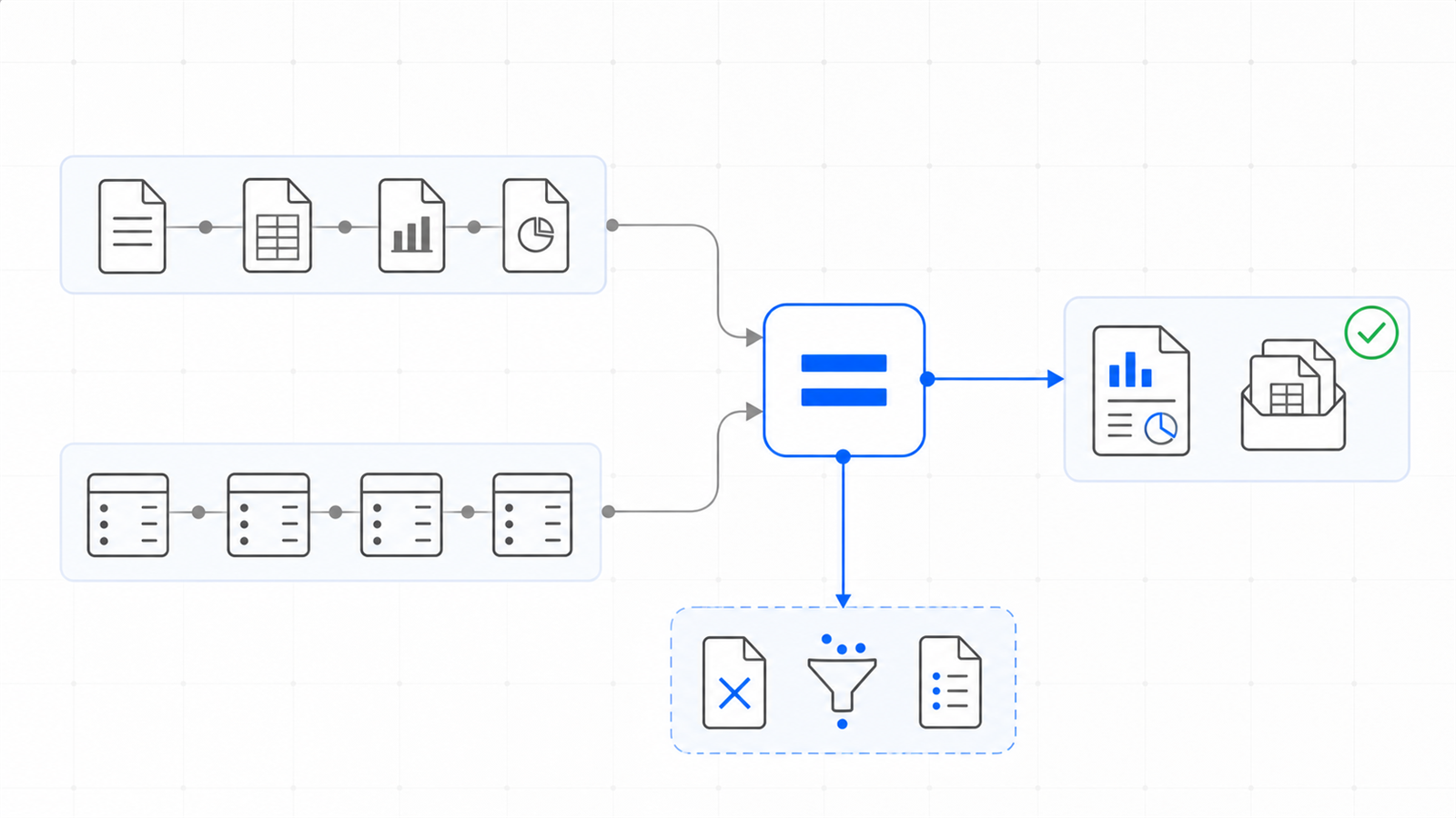 Corporate reconciliation-bridge architecture for Home Sale Closing & Settlement Tie-Out: parallel source documents and ledger records converge at a tie-out control, with exceptions separated from verified evidence.