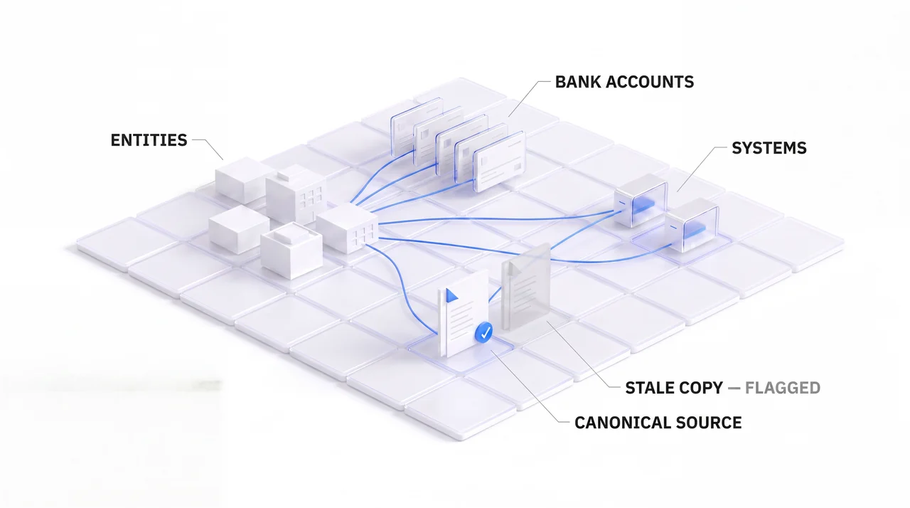 Isometric Finance Operations Atlas concept linking entities and bank accounts to systems and a canonical source, with a stale copy labelled as flagged