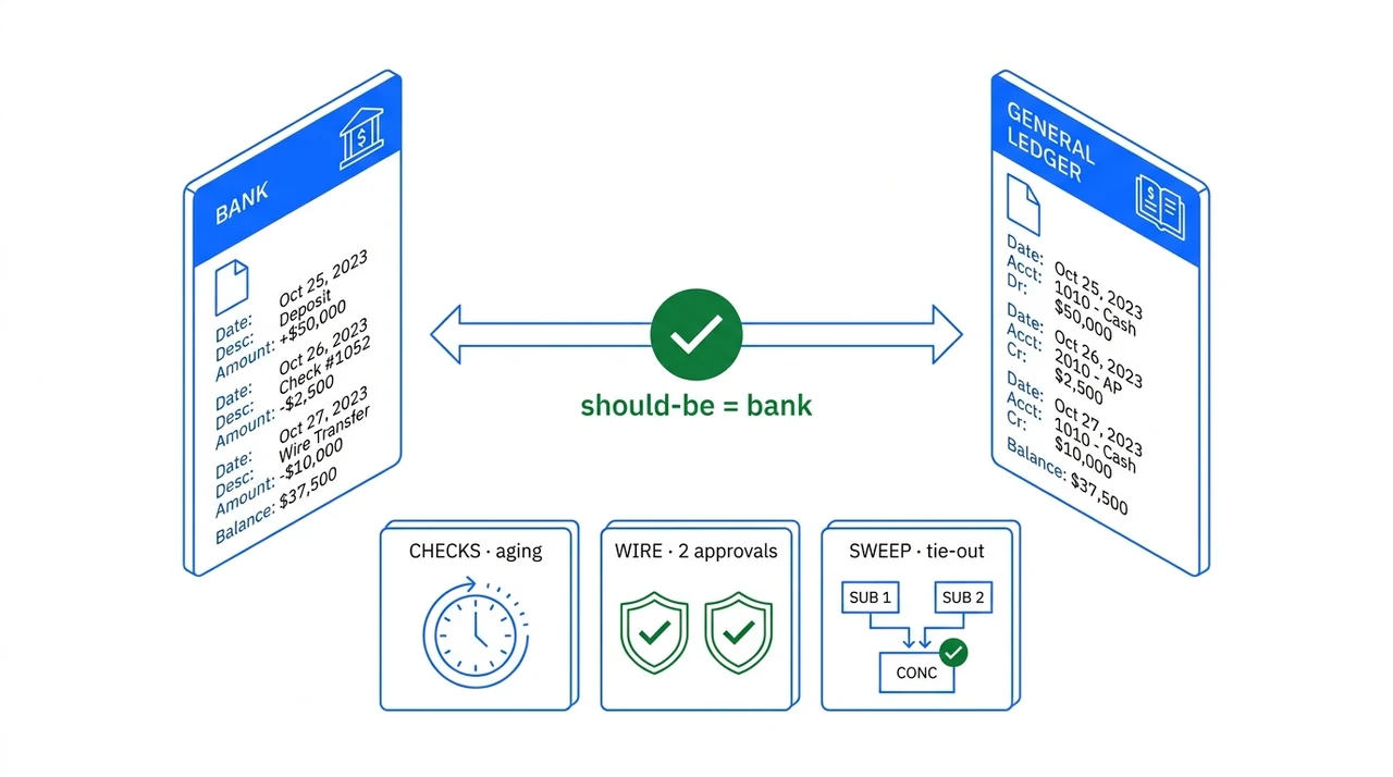 Cash Management diagram with a bank record tied to the general ledger above check aging, two wire approvals, and a concentration sweep