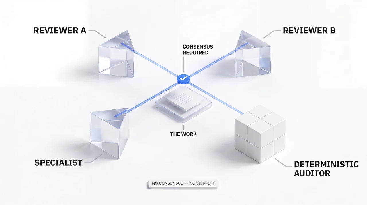Diagram: two reviewers, a specialist, and a deterministic auditor all examine the same work; consensus is required, and the check appears only where their beams agree — no consensus, no sign-off